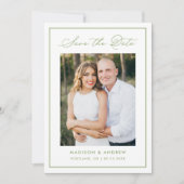 Modern Olive Green Border Script Photo Wedding Save The Date (Voorkant)