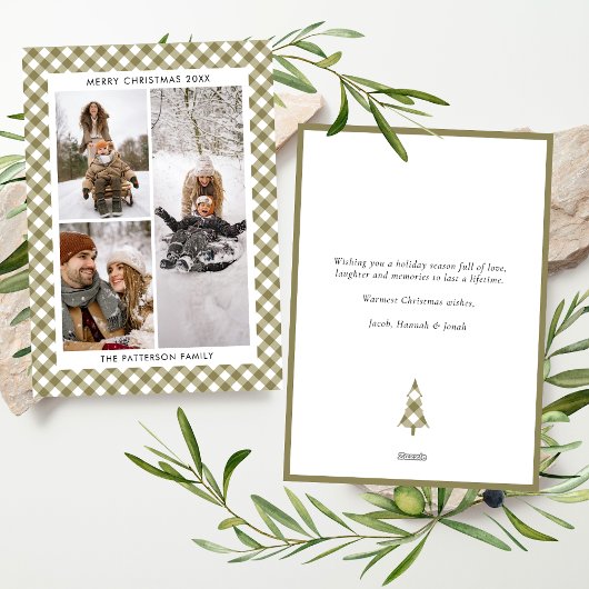 Modern Olive Green Gingham Plaid 3 Foto Kerstmis Feestdagenkaart