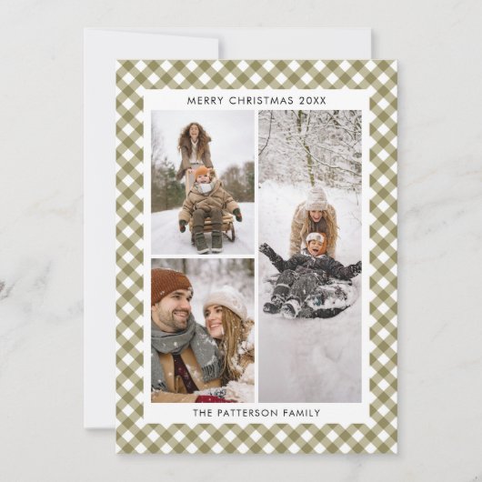 Modern Olive Green Gingham Plaid 3 Foto Kerstmis Feestdagenkaart (Voorkant)