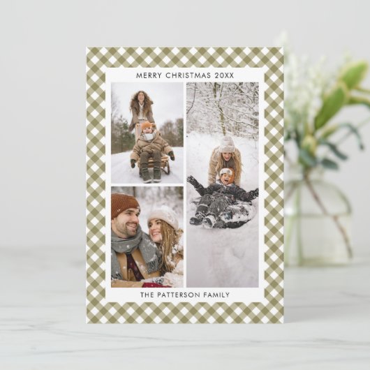 Modern Olive Green Gingham Plaid 3 Foto Kerstmis Feestdagenkaart (Staand voorkant)