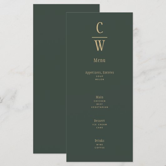 Modern Olive Green Gold Wedding Monogrammed Menu (Voorkant / Achterkant)