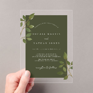 Modern Olive Green Leaf Clear Minimalist Wedding Acryl Uitnodigingen