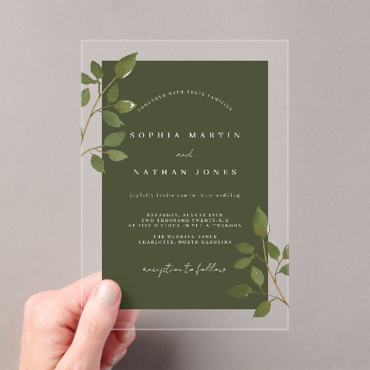 Modern Olive Green Leaf Clear Minimalist Wedding Acryl Uitnodigingen (Insitu (Draagbaar))