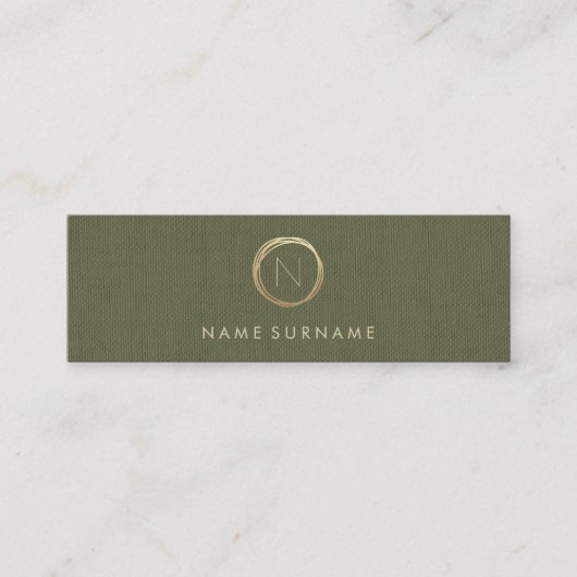 Modern Olive Green Linen Elegant Gold Monogram Mini Visitekaartje (Voorkant)