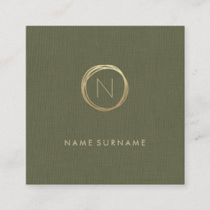 Modern Olive Green Linen Elegant Gold Monogram Vierkante Visitekaartje
