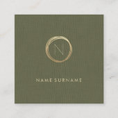 Modern Olive Green Linen Elegant Gold Monogram Vierkante Visitekaartje (Voorkant)