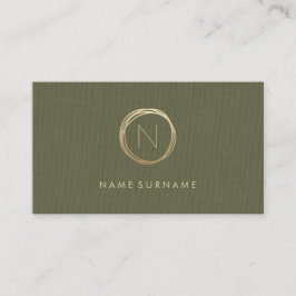 Modern Olive Green Linen Elegant Gold Monogram Visitekaartje