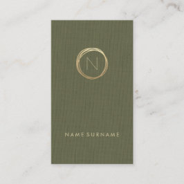 Modern olive Green Linen Gold Monogram verticaal Visitekaartje