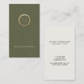 Modern olive Green Linen Gold Monogram verticaal Visitekaartje (Voorkant / Achterkant)