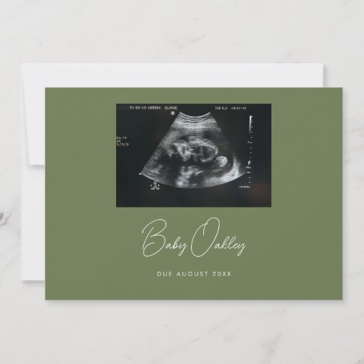 Modern Olive Green "Little Surprise" Pregnancy Aankondiging (Achterkant)