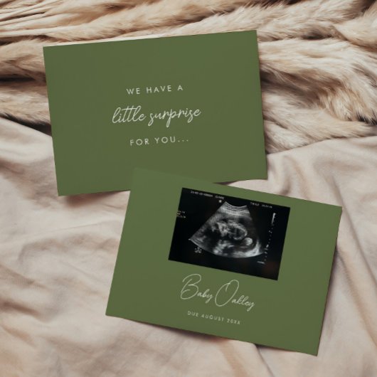 Modern Olive Green "Little Surprise" Pregnancy Aankondiging