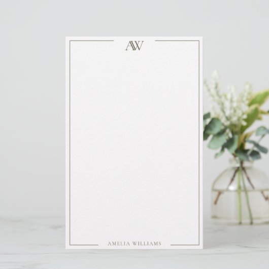 Modern Olive Green Minimalist Elegant Monogram Briefpapier (Staand voorkant)