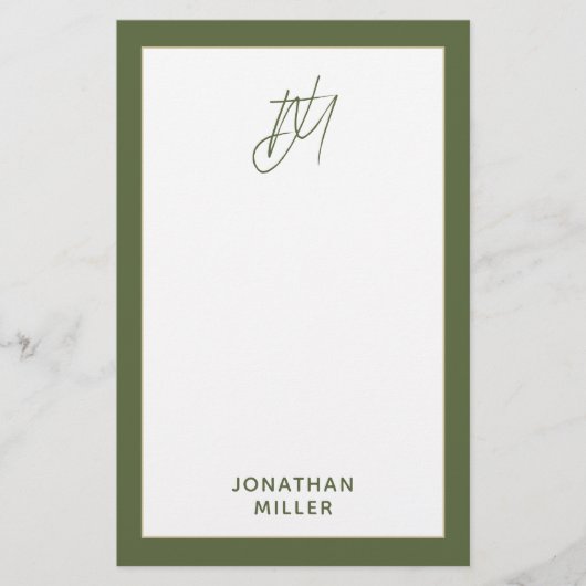 Modern Olive Green Monogram Briefpapier (Voorkant)