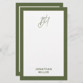 Modern Olive Green Monogram Briefpapier (Voorkant / Achterkant)