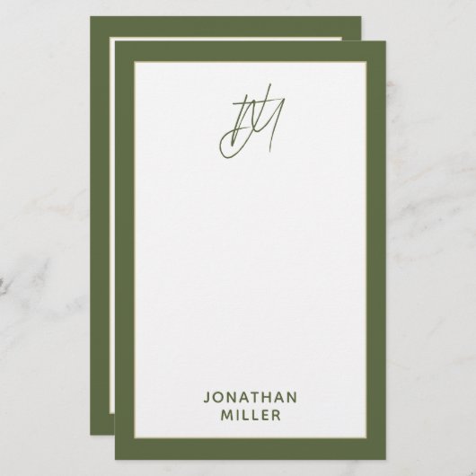 Modern Olive Green Monogram Briefpapier (Voorkant / Achterkant)