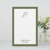 Modern Olive Green Monogram Briefpapier (Staand voorkant)