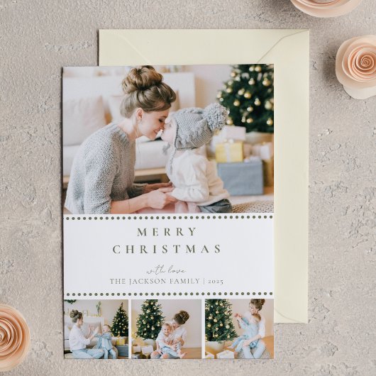 Modern Olive Green Multi Photo Christmas Notitiekaartje