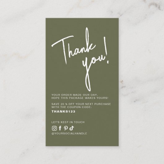 Modern olive green order thank you QR code Visitekaartje (Voorkant)