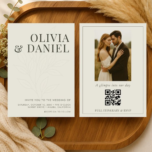 Modern Olive Green Photo QR Code Wedding Kaart