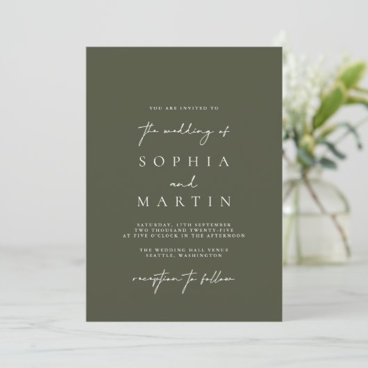 Modern Olive Green Photo Wedding Invitation Kaart (Staand voorkant)