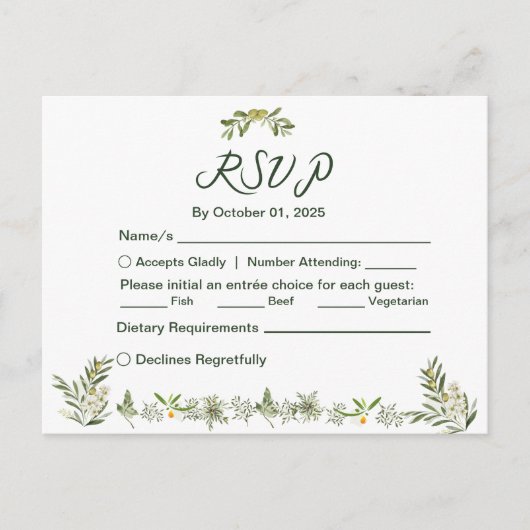 Modern Olive Green RSVP Invitation Briefkaart (Voorkant)
