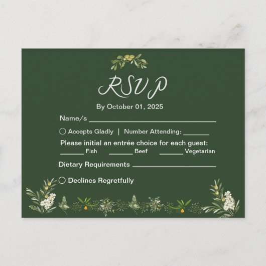 Modern Olive Green RSVP Uitnodiging Briefkaart (Voorkant)