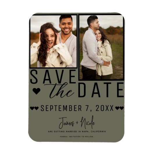 Modern Olive Green Save the Date 2 Foto Bruiloft Magneet (Verticaal)