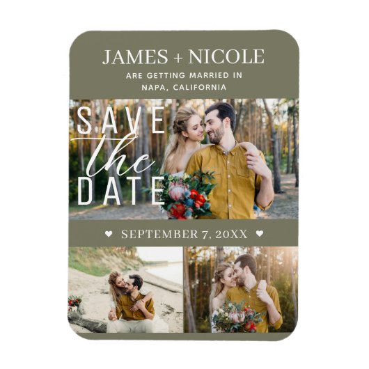 Modern Olive Green Save the Date Wedding 3 Foto's Magneet (Verticaal)