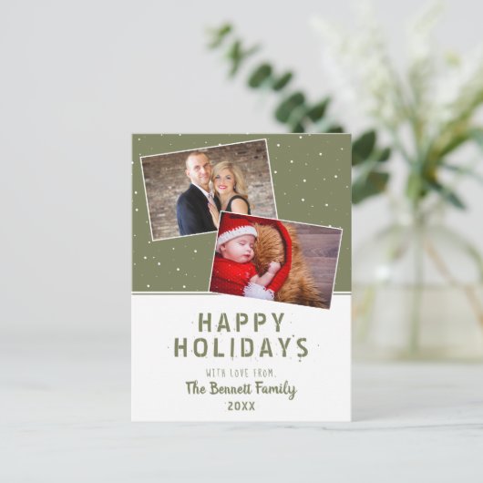 Modern Olive Green Snowflake Holiday 2 Foto Briefkaart (Staand voorkant)