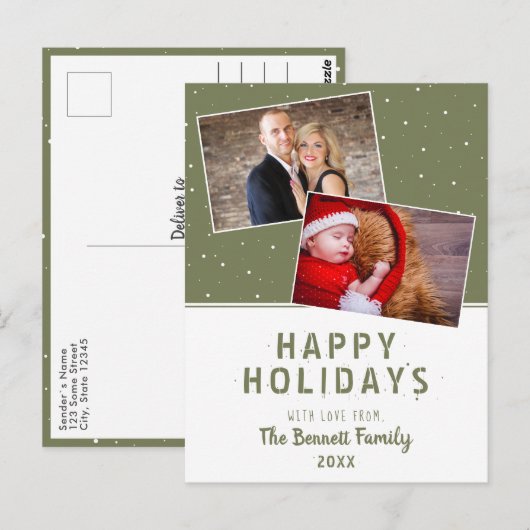 Modern Olive Green Snowflake Holiday 2 Foto Briefkaart (Voorkant / Achterkant)