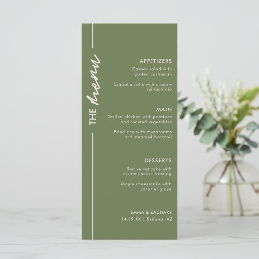 Modern Olive Green Wedding Menu (Staand voorkant)