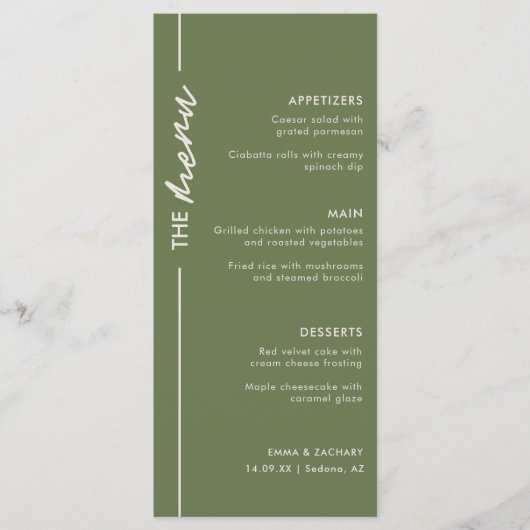 Modern Olive Green Wedding Menu (Voorkant)