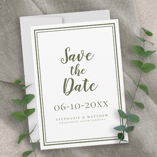 Modern Olive Green Wedding Script Simple Classic Save The Date