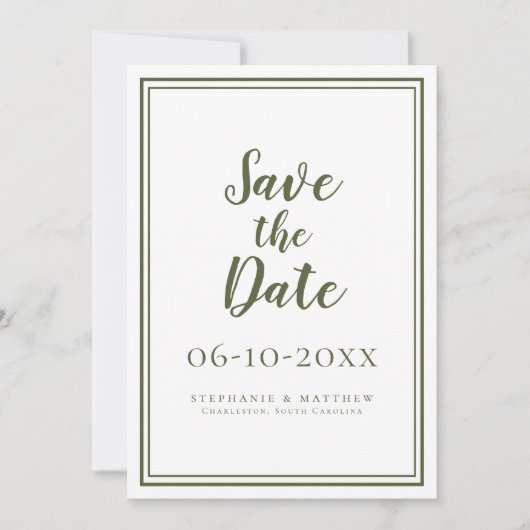 Modern Olive Green Wedding Script Simple Classic Save The Date (Voorkant)
