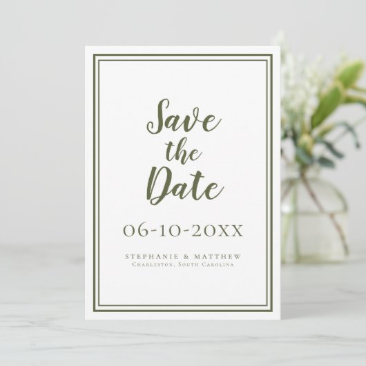 Modern Olive Green Wedding Script Simple Classic Save The Date (Staand voorkant)