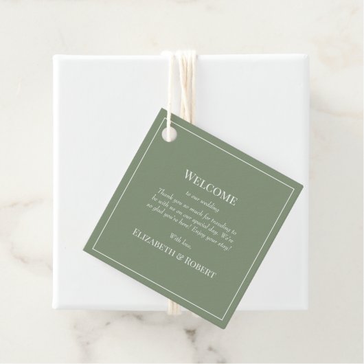 Modern Olive Green Wedding Welcome Gift Label (In situ)