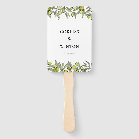 Modern Olive-programma voor trouwerij Handwaaier (Voorkant)