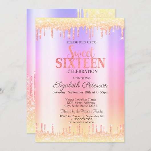 Modern Ombre Glitter Drips Sweet 16 Uitnodiging (Voorkant / Achterkant)