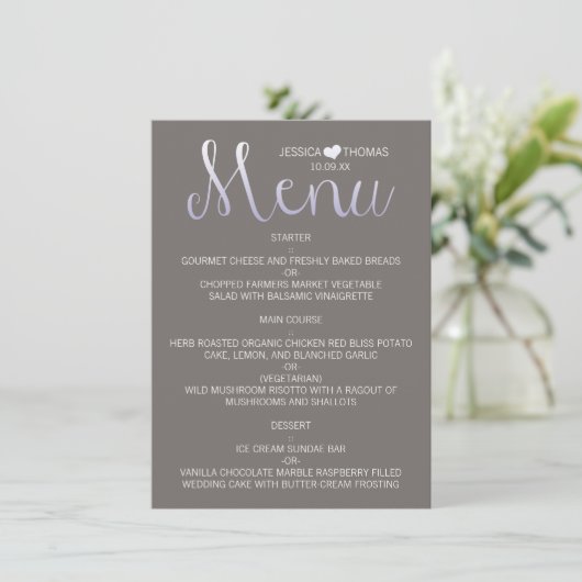 Modern Ombré Typography Paars & Gray Wedding Menu (Staand voorkant)
