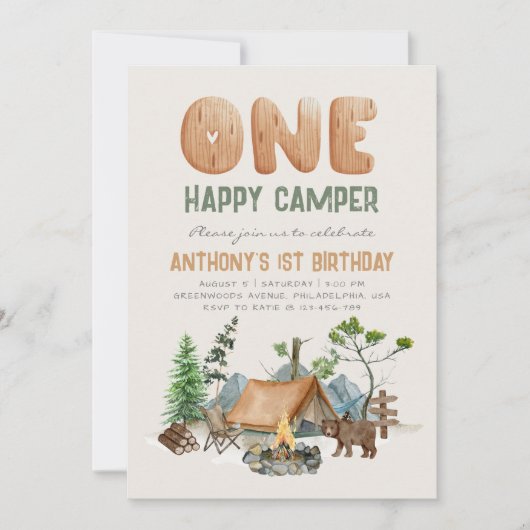 Modern One Happy Camper Woodland 1st Kaart (Voorkant)