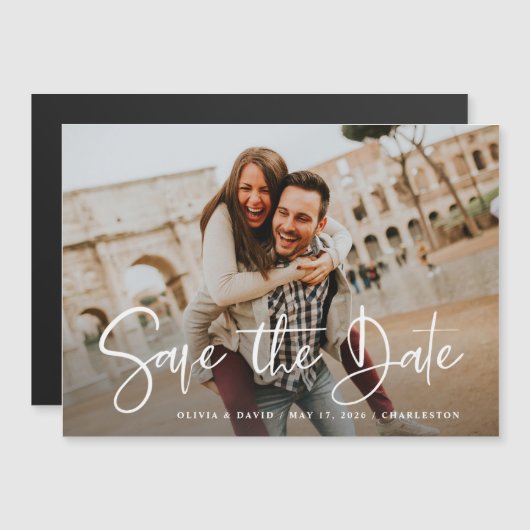 Modern One Photo Wedding Sla de Date Kaart op Magnetische Uitnodiging (Voorkant / Achterkant)