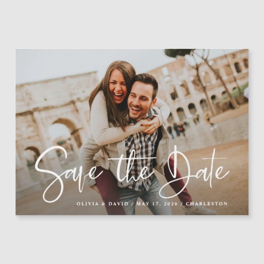 Modern One Photo Wedding Sla de Date Kaart op Magnetische Uitnodiging (Voorkant)