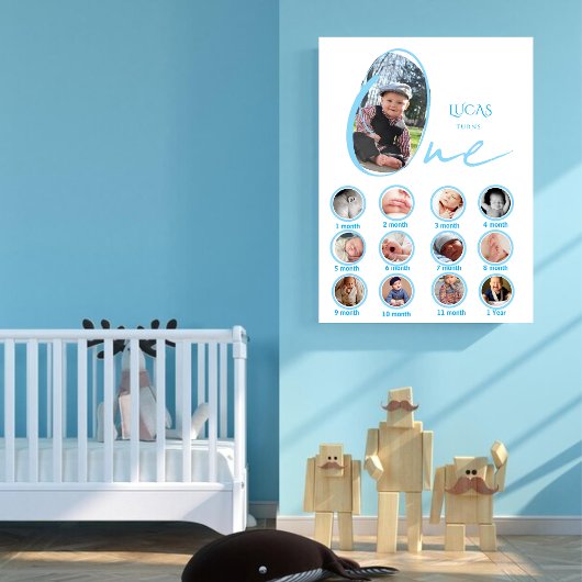 Modern One Year Milestone Baby Boy Photo Collage Poster