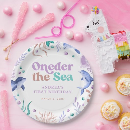 Modern Oneder het Zee Dolfijn Retro Eerste Verjaar Papieren Bordje (Feest)
