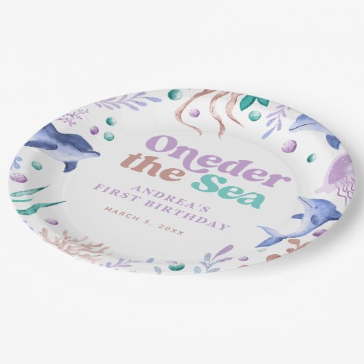 Modern Oneder het Zee Dolfijn Retro Eerste Verjaar Papieren Bordje (Gekanteld)