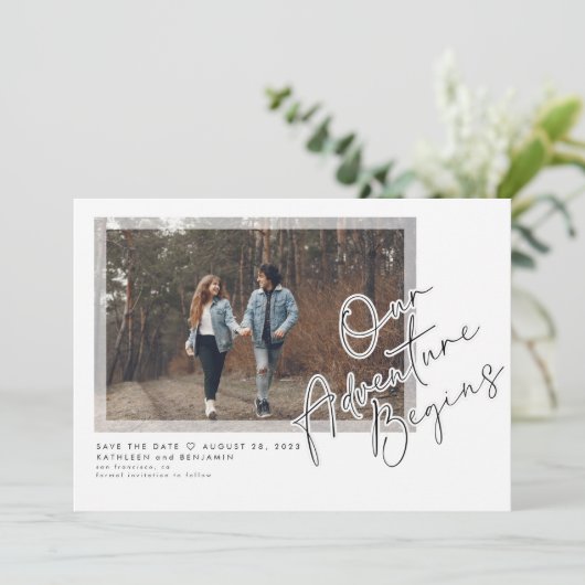 Modern ons avontuur begint sparen de Foto van de D Save The Date (Staand voorkant)