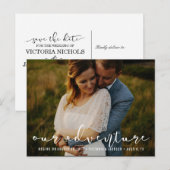 Modern Ons Avontuur Save the Date Foto WIT Aankondigingskaart (Voorkant / Achterkant)