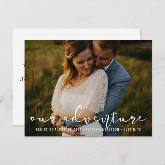 Modern Ons Avontuur Save the Date Foto WIT Aankondigingskaart (Voorkant / Achterkant)