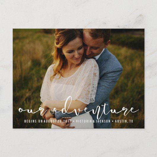 Modern Ons Avontuur Save the Date Foto WIT Aankondigingskaart (Voorkant)
