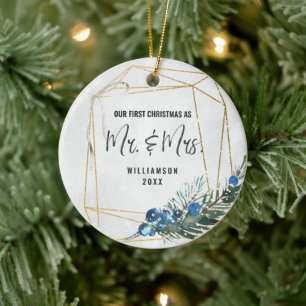 Modern ons eerste kerstfeest als Mr & Mrs Foto Keramisch Ornament